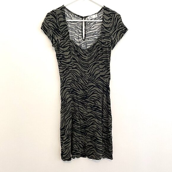 HOLLISTER Olive Green Black Zebra Animal Print Square Neck Mini Fit Flare Dress - Picture 2 of 12